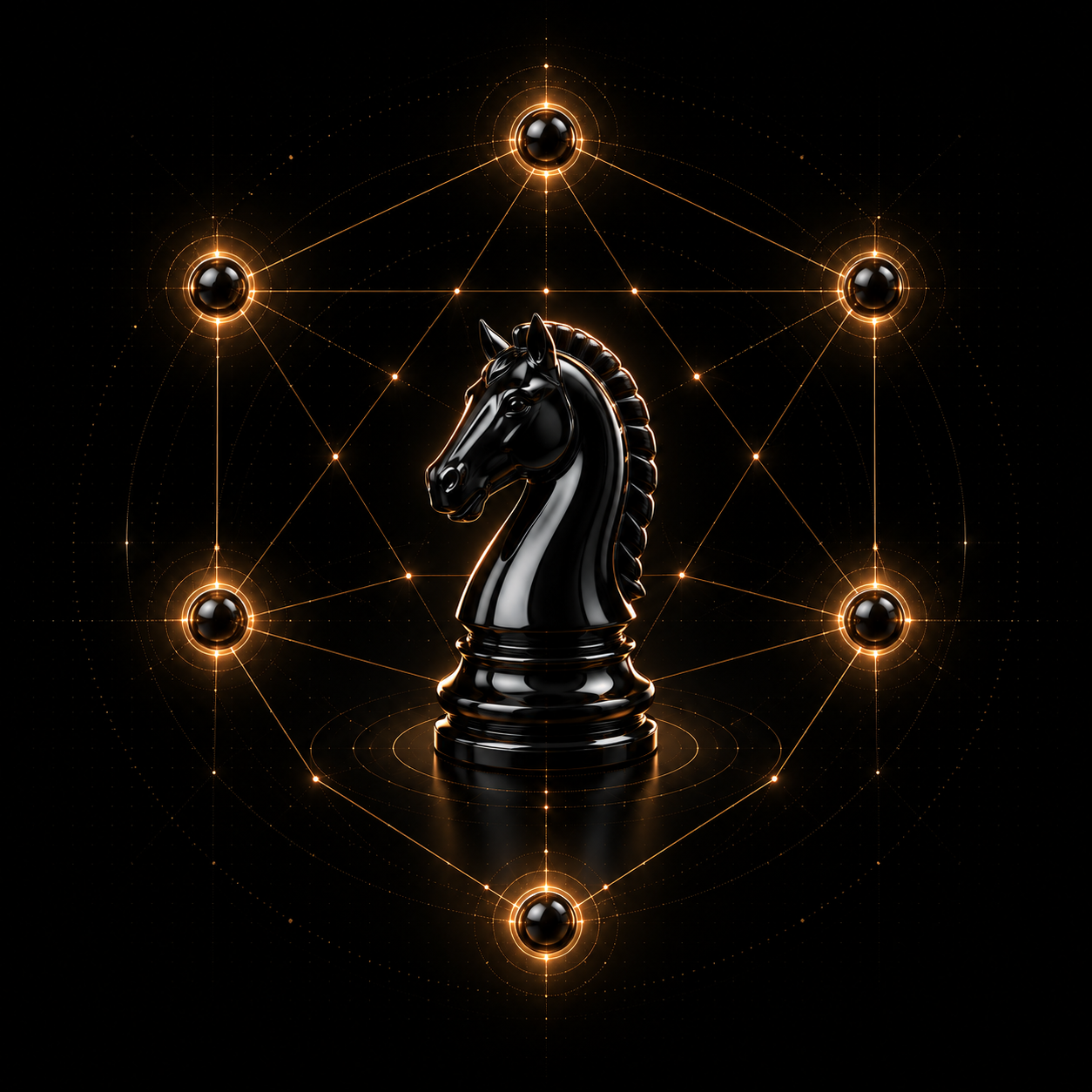 A black chess knight surrounded by six satellite pawns connected by gold lines in a hexagonal star.