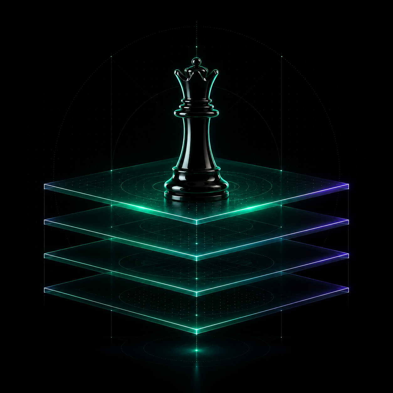 A black chess queen standing on stacked transparent glass platforms lit with aqua and violet edges.