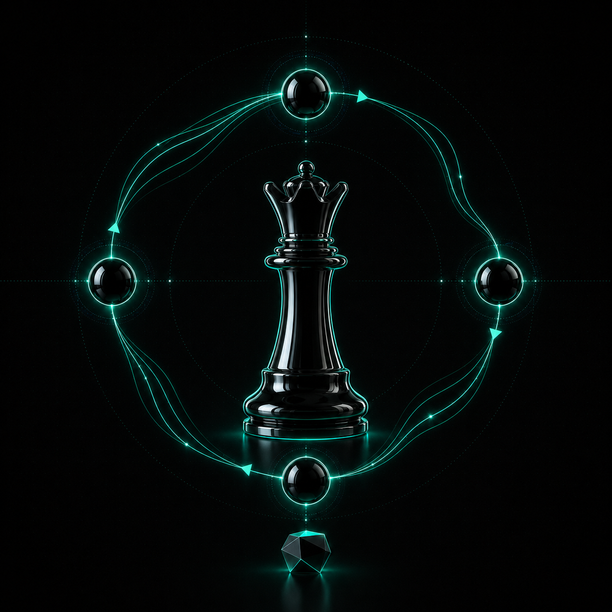 A black chess queen orbited by four satellite pawns connected by aqua flowing arrows.