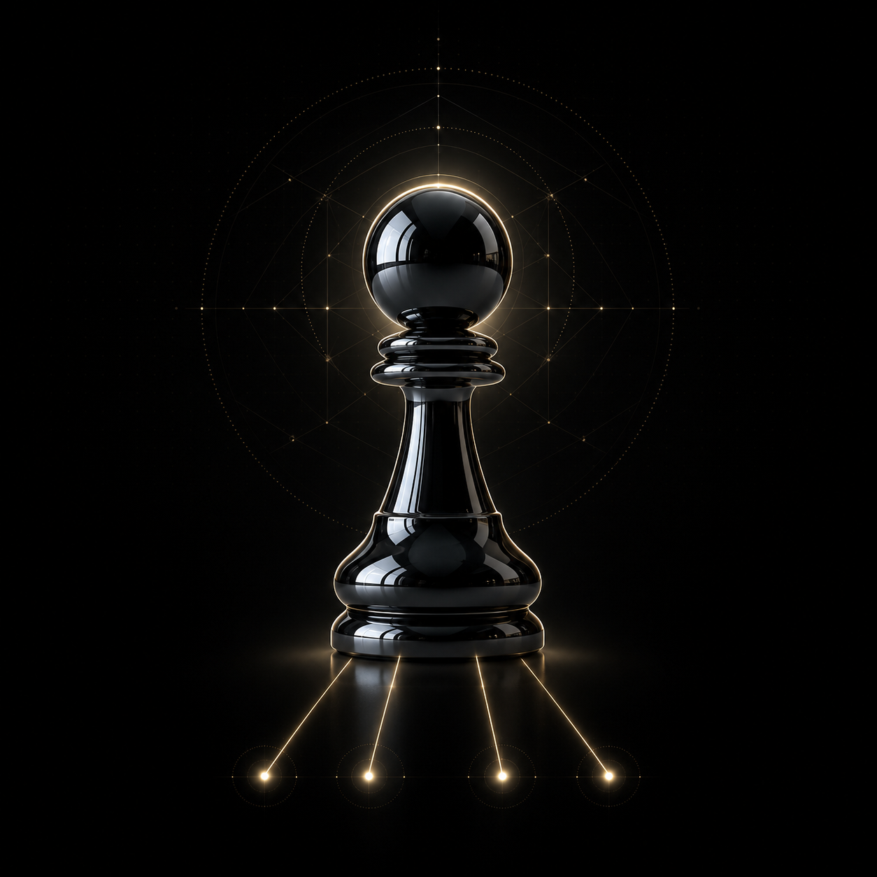 A black chess pawn lit by a gold sacred-geometry pattern, four gold flow lines descending to four cardinal nodes.