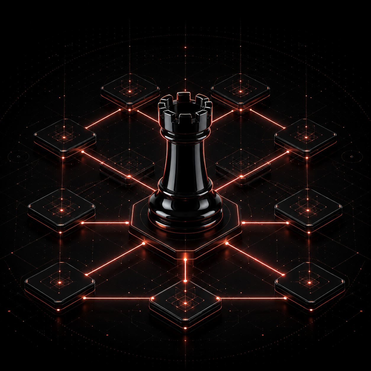 A black chess rook at the centre of a hexagonal grid of small platforms connected by coral light lines.