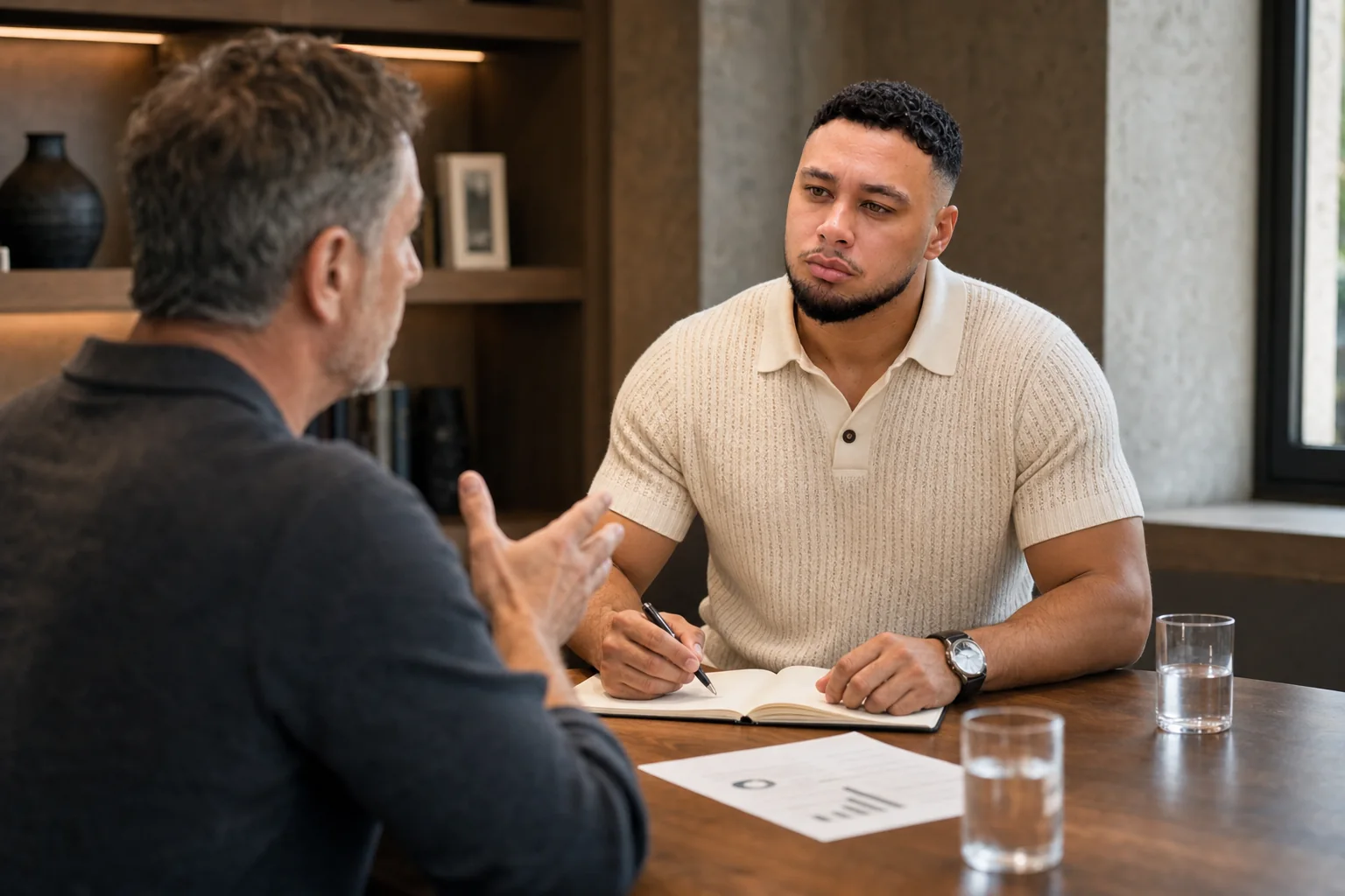 Troy Maclean listening to a business owner during a coaching conversation